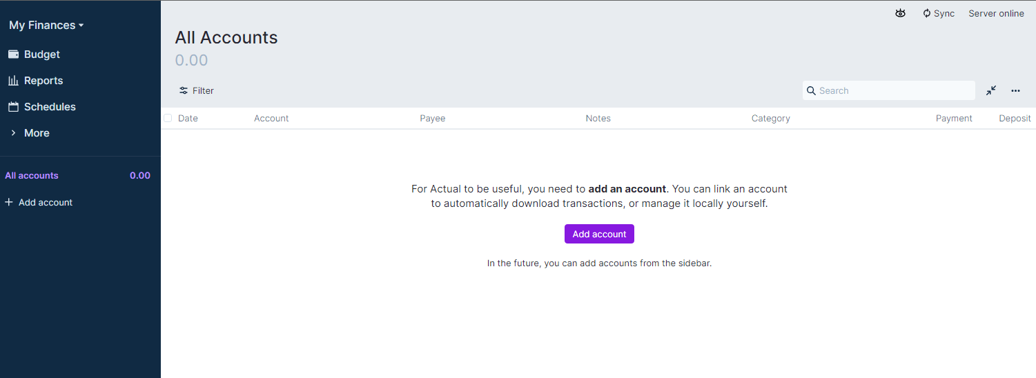 A screengrab of a clean install of Actual Budget