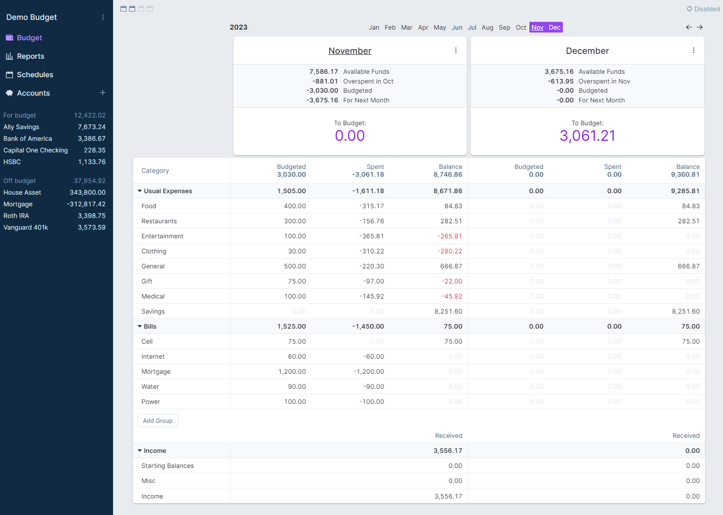 A screengrab of Actual Budget demo website