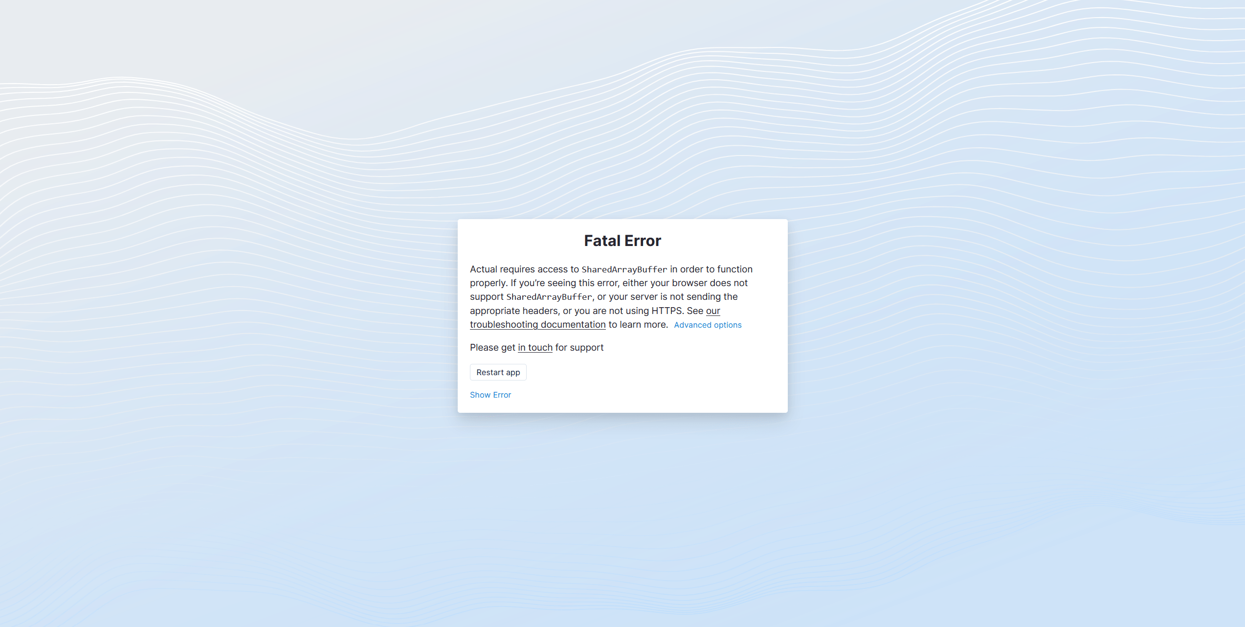 A screengrab of the Actual Budget fatal error warning